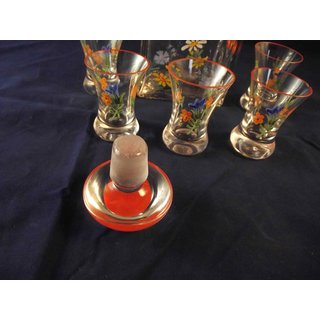 Trinkgarnitur, Karaffe, Stöpsel + 5 Gläser, Emaille Streublume, deutsch, Mitte 20. Jh.