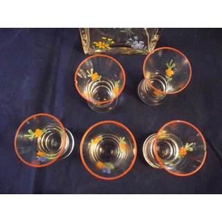 Trinkgarnitur, Karaffe, Stöpsel + 5 Gläser, Emaille Streublume, deutsch, Mitte 20. Jh.